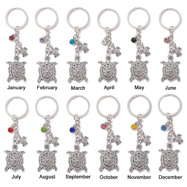 

PandaHall 12Pcs 12 Colors Tortoise Alloy Pendant Keychain, with Glass Rhinestone Birthstone Charms, Antique Silver, 9cm, 1pc/color..., Multicolor
