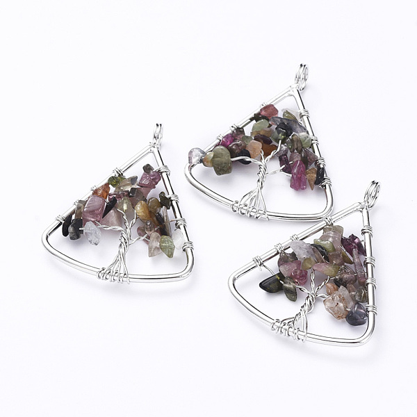 

PandaHall Long-Lasting Plated Brass Pendants, Wire Wrapped Pendants, with Natural Tourmaline Chips, Triangle with Tree, Platinum...
