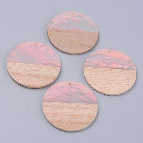 

PandaHall Resin & Wood Pendants, Two Tone, Flat Round, Pink, 38x2~3mm, Hole: 2mm Resin+Wood Flat Round Pink