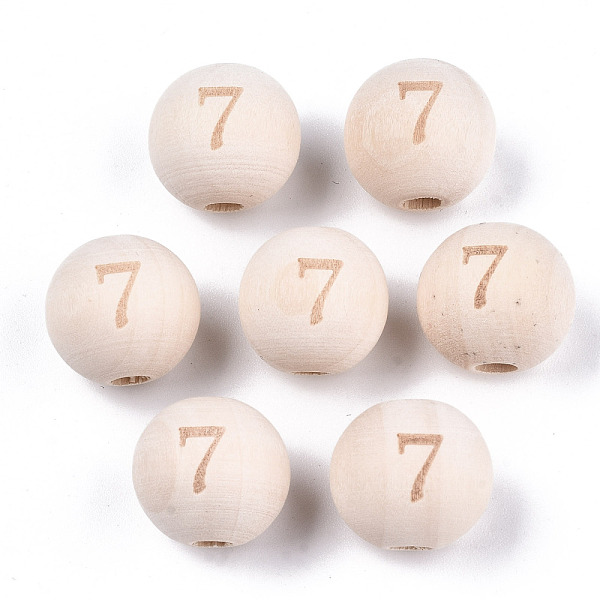 

PandaHall Unfinished Natural Wood European Beads, Large Hole Beads, Laser Engraved Pattern, Round with Number, Num.7, 15~16x14~15mm, Hole...