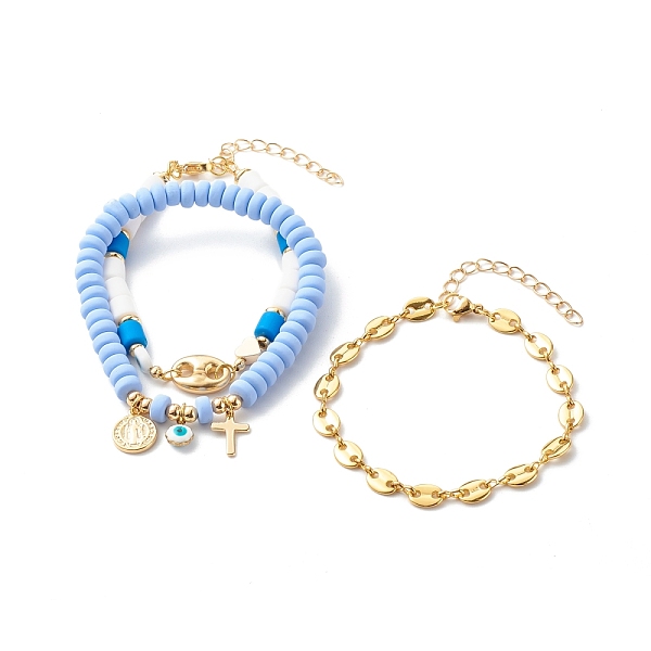 

PandaHall Stretch & Beaded & Link Chain Bracelets Sets, with Handmade Polymer Clay Beads, Brass Pendant, Alloy Links, Cornflower Blue, Inner...