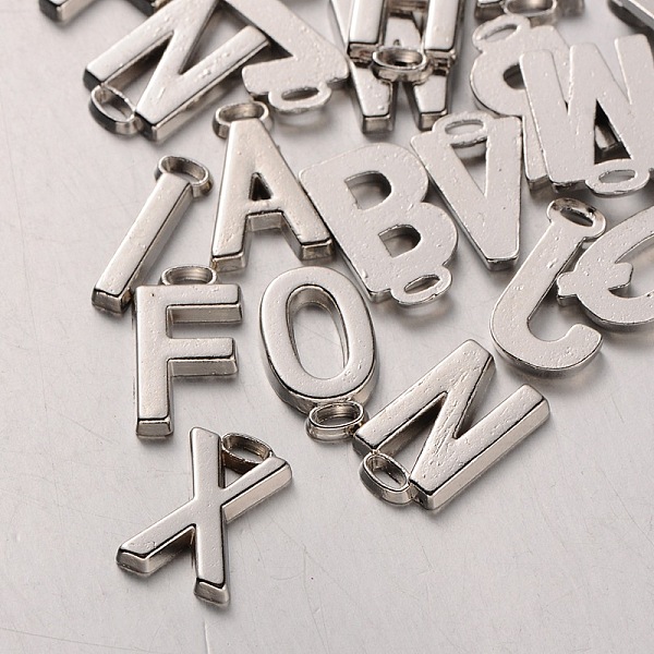 

PandaHall Tibetan Style Alloy Alphabet Pendants, Letter A~Z, Platinum, 17~18x6~12x2mm, Hole: 1x3mm, 26pcs/set Alloy Letter
