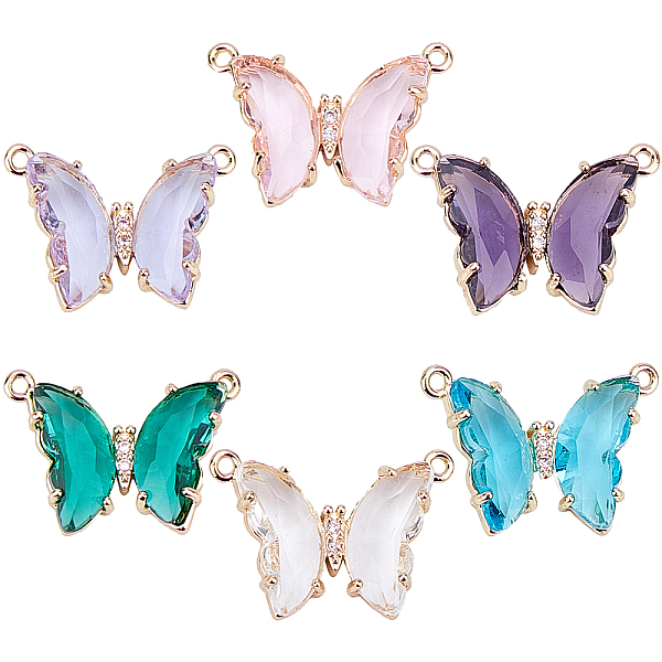 PandaHall SUNNYCLUE Glass Pendants, with Micro Pave Cubic Zirconia and Brass Open Back Settings, Faceted, Butterfly, Golden, Mixed Color...