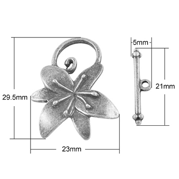 

PandaHall Alloy Toggle Clasps, Cadmium Free & Lead Free, Antique Silver, Flower: about 29.5x23x7mm, hole: 1~10x12mm, bar: 21x5x2.5mm, hole...