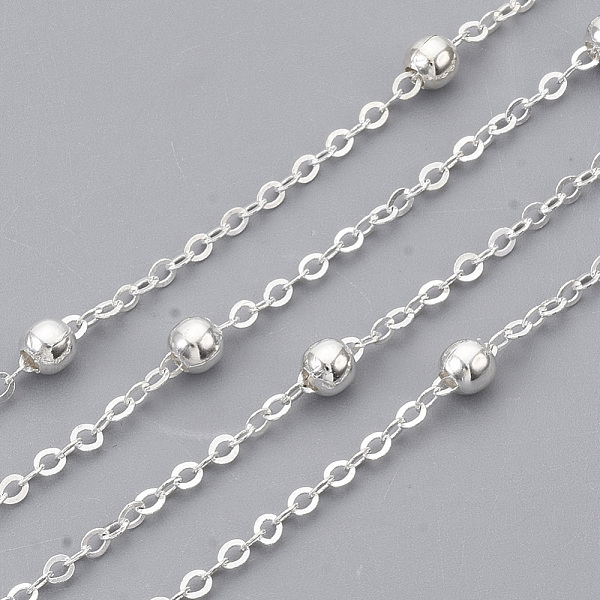 

PandaHall Brass Coated Iron Cable Chains, Satellite Chains, with Brass Round Beads, Soldered, with Spool, Flat Oval, Silver Color Plated...