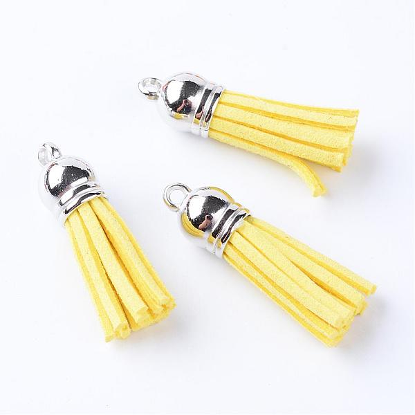 

PandaHall Faux Suede Tassel Pendant Decorations, with CCB Plastic Cord Ends, Platinum, Yellow, 35~37x10mm, Hole: 1.8mm Faux Suede Yellow
