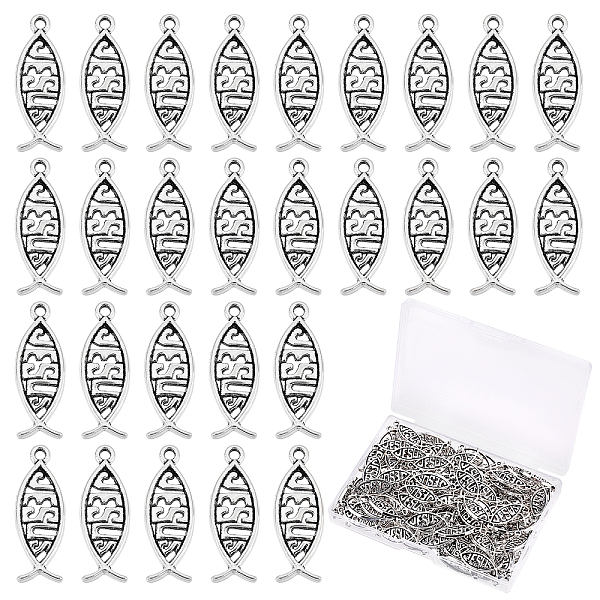 

PandaHall Tibetan Style Alloy Pendants, For Easter, Jesus Fish/Christian Ichthys Ichthus, Antique Silver, 26x9.5x2mm, Hole: 2mm, 160pcs/box...