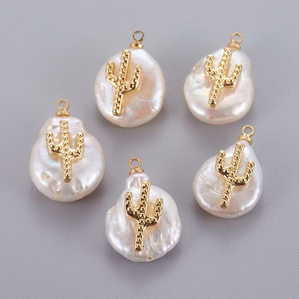 

PandaHall Natural Cultured Freshwater Pearl Pendants, with Brass Cabochons, Nuggets with Cactus, Golden, 14~28x12~22x5~12mm, Hole: 1.2mm...