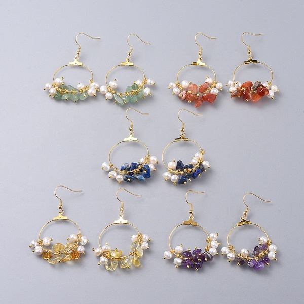 

PandaHall Natural Gemstone Chip Beads Dangle Earrings, with Pearl Beads, Brass Findings and 304 Stainless Steel Earring Hooks, Golden...
