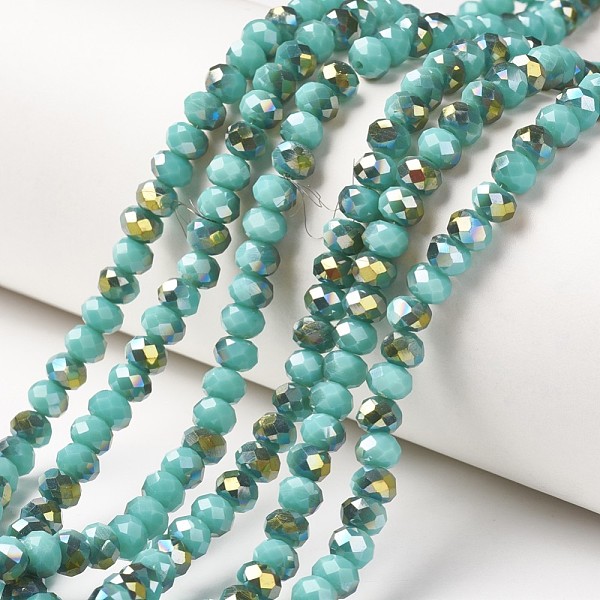 

PandaHall Electroplate Opaque Glass Beads Strands, Half Green Plated, Faceted, Rondelle, Turquoise, 4x3mm, Hole: 0.4mm, about 145pcs/strand...