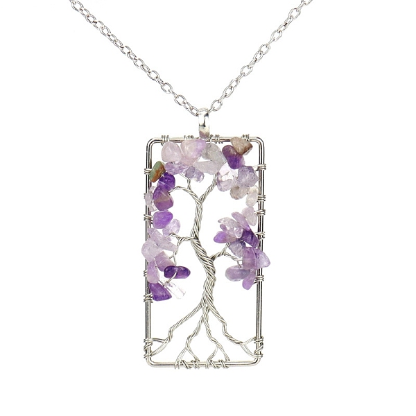 

PandaHall Platinum Tone Copper Wire Natural Amethyst Chips Pendant Necklaces, Rectangle with Tree of Life Jewelry for Women Men, 20.08 inch...