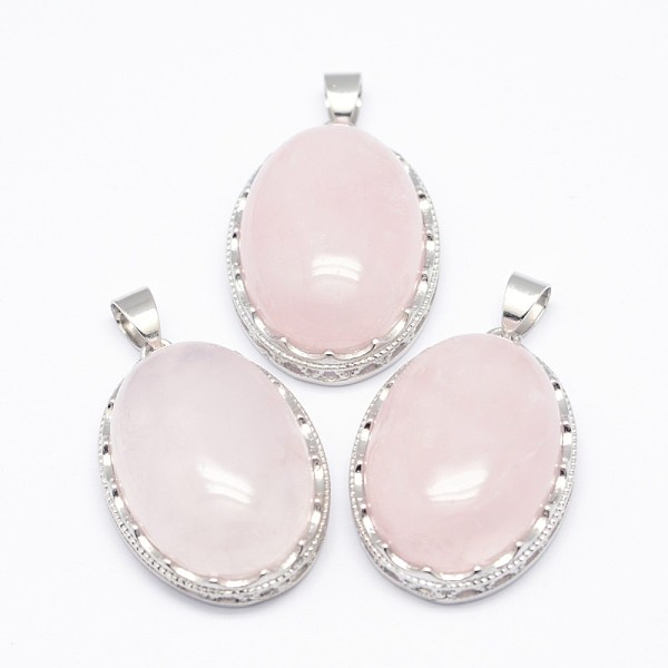 

PandaHall Natural Rose Quartz Pendants, with Brass Findings, Oval, Platinum, 30x21x10~11mm, Hole: 6x4mm Rose Quartz Oval
