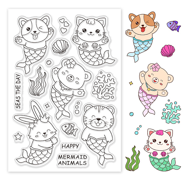 PandaHall Mermaids Pattern Clear Stamps, Rabbit/Cat/Dog/Bear Head Mermaids Transparent Rubber Stamps for Scrapbooking Stamps Card Making...