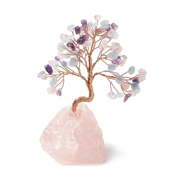 

PandaHall Natural Aquamarine Tree Display Decoration, Natural Rose Quartz Base Feng Shui Ornament for Wealth, Luck, Rose Gold Brass Wires...