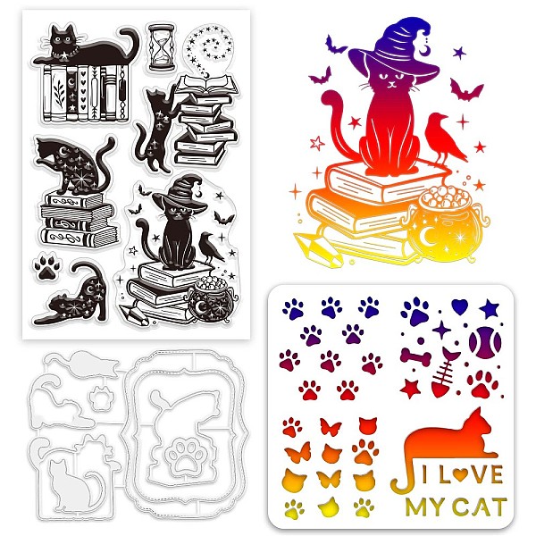 PandaHall GLOBLELAND Cat Magic Book Clear Stamps and Die Sets Magic Book Stamps and Embossing Dies Set for Card Making Cat Pet Stencil...