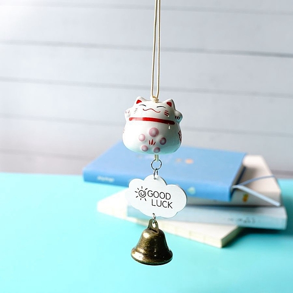 

PandaHall Porcelain Maneki Neko Hanging Bell Wind Chimes Decor, Feng Shui Lucky Cat for Car Interiors Hanging Ornaments, Oval with Flower..., White