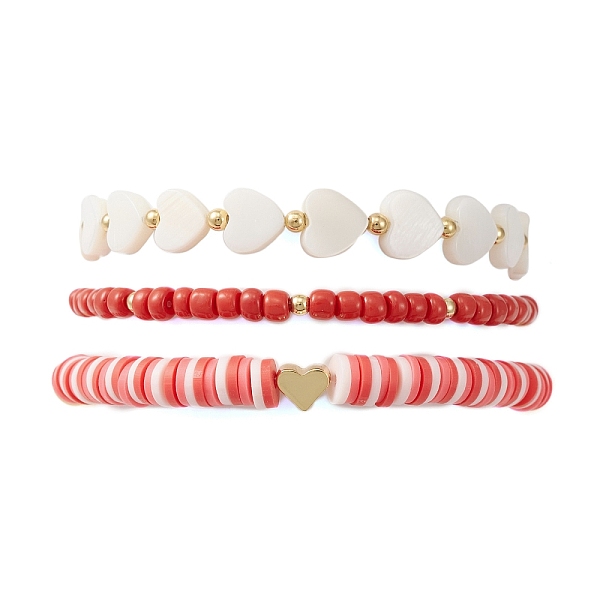 

PandaHall 3Pcs 3 Style Polymer Clay Heishi & Natural Shell Heart & Seed Beaded Stretch Bracelets Set for Valentine's Day, Red, Inner...