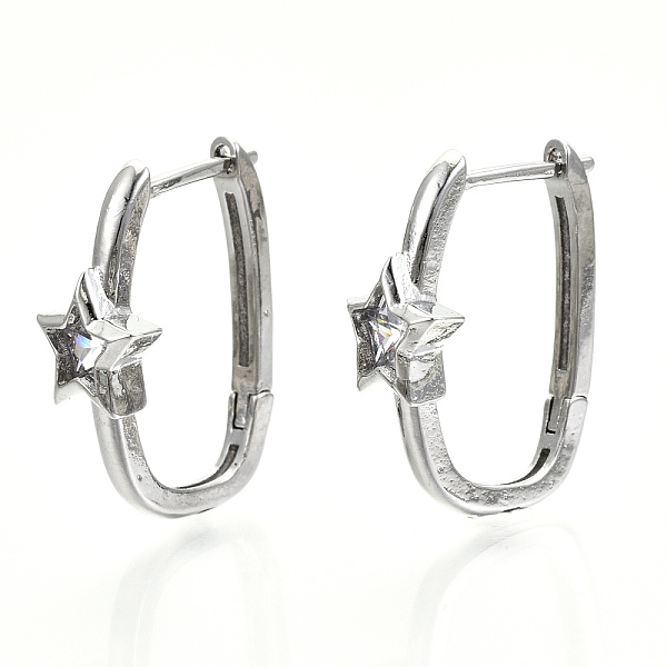 

PandaHall Brass Micro Pave Clear Cubic Zirconia Huggie Hoop Earring, Nickel Free, Oval with Star, Platinum, 21.5x8.5x15mm, Pin: 1.2mm Brass...