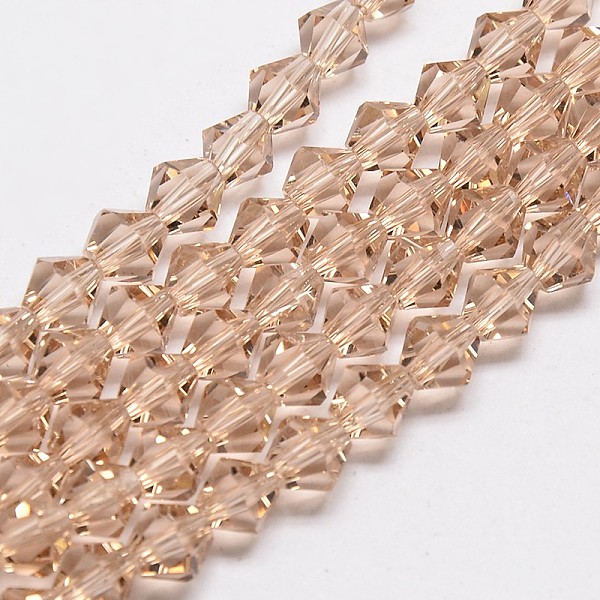 

PandaHall Transparent Glass Beads Strands, Faceted, Bicone, PeachPuff, 6x6mm, Hole: 1mm, about 45~47pcs/strand, 9.65~9.84 inch(24.5~25cm)..., Brown