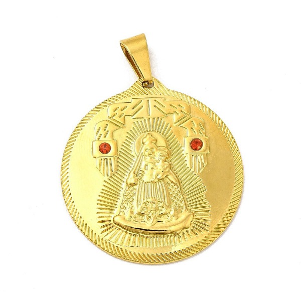 

PandaHall Ion Plating(IP) 304 Stainless Steel Pendants, with Rhinestone, Flat Round with Nossa Senhora Aparecida Charms, Golden, Siam..., Red