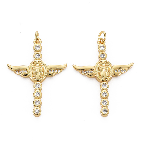 

PandaHall Brass Micro Pave Cubic Zirconia Pendants, with Jump Rings, Nickel Free, Cross with Virgin, Real 16K Gold Plated, 32x23.5x3mm, Jump..., Clear