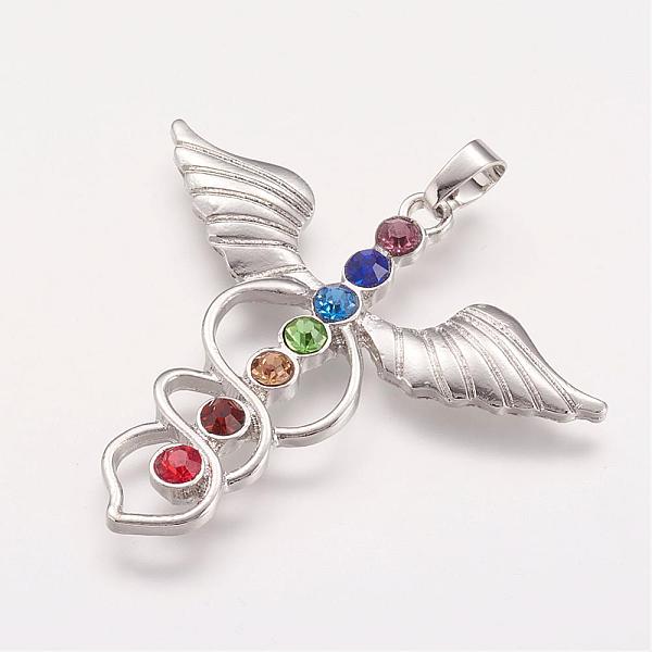 

PandaHall Alloy Rhinestone Chakra Pendants, Wing, Platinum, 43x47x3.5mm, Hole: 5x7mm Alloy+Rhinestone Wing Multicolor