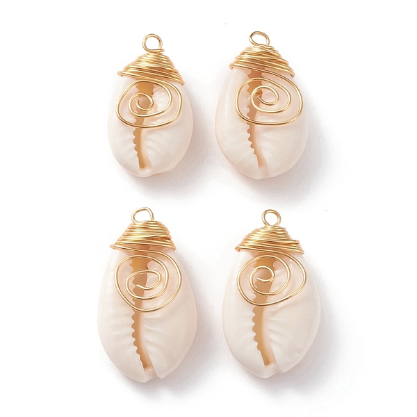 

PandaHall Natural Cowrie Shell Wire Wrapped Pendants, with Eco-Friendly Golden Copper Wire, for Jewelry Making, Bisque..., Orange