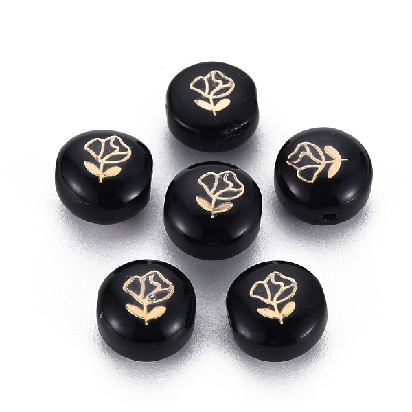 

PandaHall Handmade Lampwork Beads, with Golden Plated Brass Etched Metal Embellishments, Flat Round with Flower, Black, 8x5~6mm, Hole: 0.8mm...