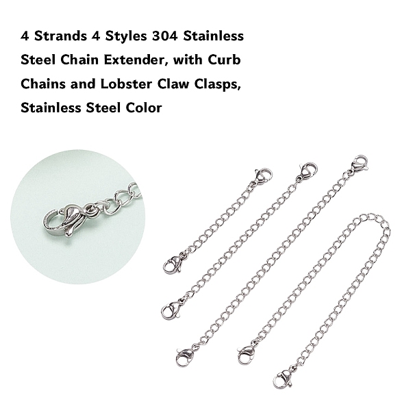 

PandaHall 4 Strands 4 Styles 304 Stainless Steel Chain Extender, with Curb Chains and Lobster Claw Clasps, Stainless Steel Color...