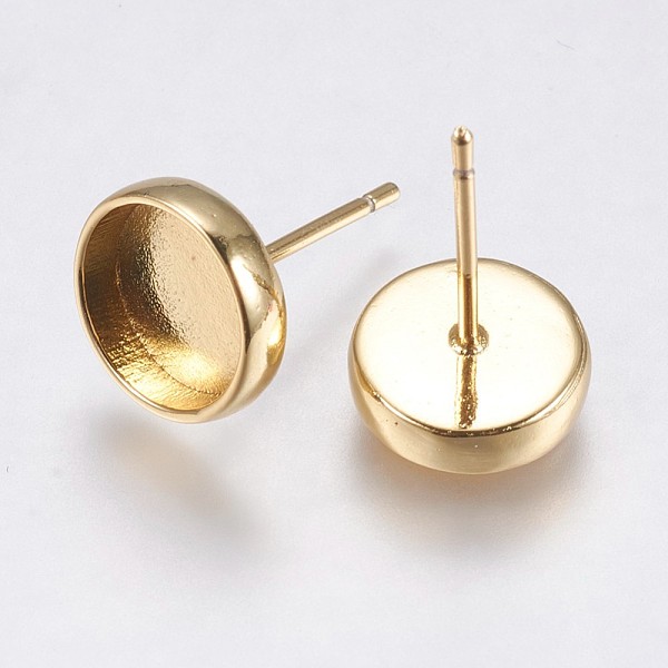 

PandaHall Brass Stud Earring Settings, Flat Round, Golden, Tray: 8mm, 14.5x9.5mm, Pin: 0.8mm Brass Flat Round