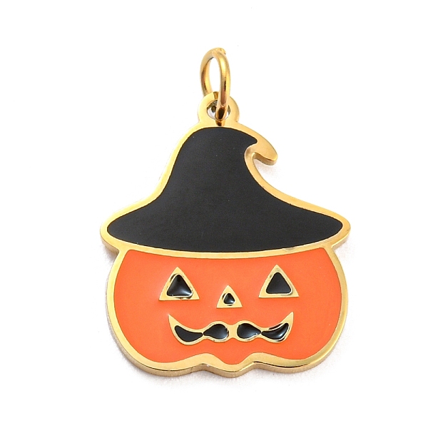 

PandaHall Halloween 304 Stainless Steel Charms, with Enamel and Jump Ring, Real 14K Gold Plated, Pumpkin with Witch Hat Charm, Dark Orange...