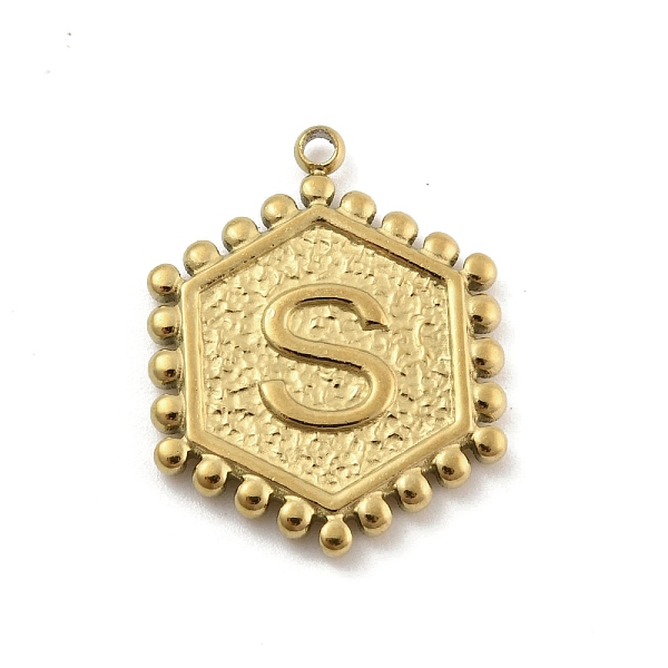 

PandaHall 201 Stainless Steel Pendants, Golden, Hexagon with Letter Charm, Letter S, 21x16.5x2mm, Hole: 1.5mm 201 Stainless Steel Letter S