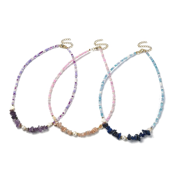 

PandaHall 3Pcs 3 Style Dyed Natural Mixed Gemstone Chips & Shell Heart & Pearl Beaded Necklaces Set, 15.75 inch(40cm), 1Pc/style Mixed Stone