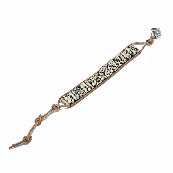 

PandaHall Cowhide Leather Cord Bracelets, with Column Natural Dalmatian Jasper Beads and Alloy Findings, 9~11 inch(23~28cm) Dalmatian Jasper