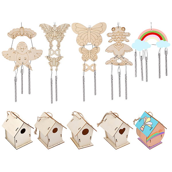 

PandaHall CHGCRAFT 20 Sets 10 Styles DIY Wood Bird House and Windchimes Kits Including Random Color Aluminum Tube for Home Decoration Gifts...
