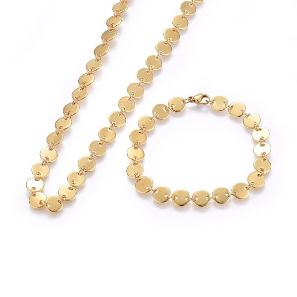 

PandaHall 304 Stainless Steel Jewelry Sets, Bracelets & Necklaces, Flat Round, Golden, 17.71 inch(45cm), 7-1/2 inch(19cm) 304 Stainless...