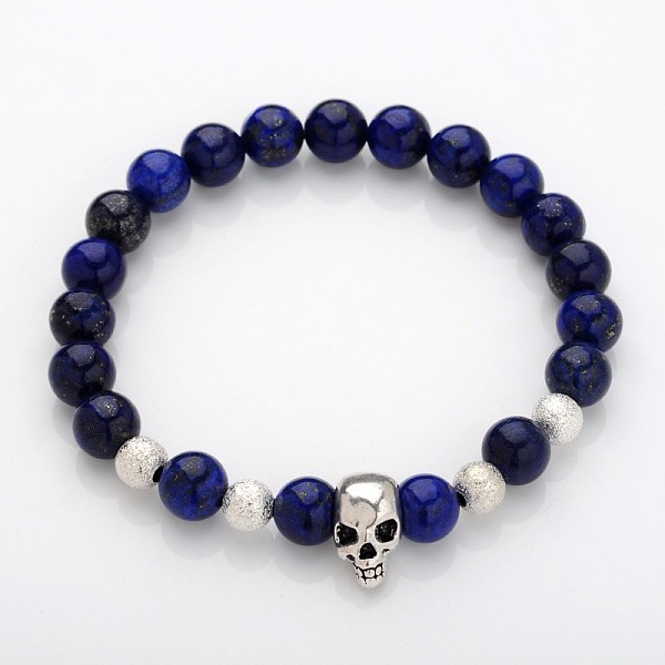 

PandaHall Unique Design Skull Gemstone Beaded Stretch Bracelets, with Alloy Beads and Brass Textured Beads, Lapis Lazuli(Dyed), 53mm Lapis...