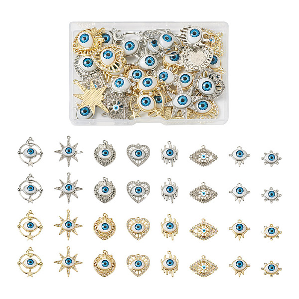 

PandaHall 32Pcs 16 Style Alloy Enamel Pendants, with Crystal Rhinestone, Heart with Evil Eye & Evil Eye with Moon & Star, Platinum & Golden...