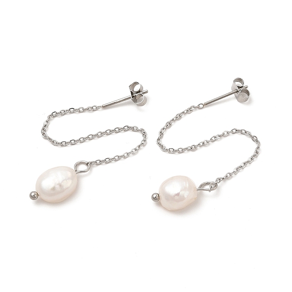 PandaHall Natural Pearl Beaded Ear Thread, 304 Stainless Steel Tassel Dangle Stud Earrings for Women, Stainless Steel Color, 88mm, Pin...