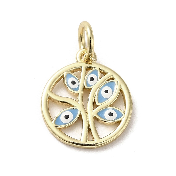 

PandaHall Brass Enamel Charms, with Jump Ring, Real 18K Gold Plated, Flat Round with Tree & Evil Eye Charm, Light Sky Blue, 15x13.5x1.4mm...