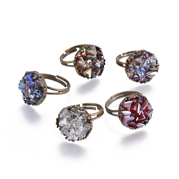 

PandaHall Adjustable Electroplate Glass Rings, with Brass and Cardboard Ring Boxes, Flat Round, Mixed Color, Size: 7, 17mm Glass Multicolor