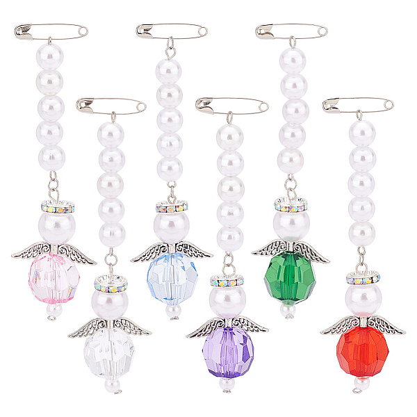 6Pcs 6 Color Angel Acrylic Imitated Pearl & Alloy Safety Pin Brooches