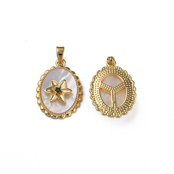 

PandaHall Brass Micro Pave Green Cubic Zirconia Pendants, with Natural Shell, Real 18K Gold Plated, Nickel Free, Oval with Flower, Creamy...