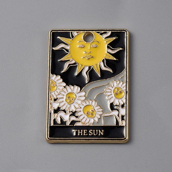 

PandaHall Halloween Alloy Enamel Pendants, Rectangle with Tarot Pattern, Light Gold, Sun, 28x19x1.3mm, Hole: 2mm Alloy+Enamel Sun Black