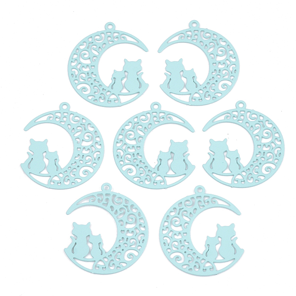 

PandaHall 430 Stainless Steel Kitten Pendants, Spray Painted, Etched Metal Embellishments, Crescent Moon with Couple Cat Shape, Pale..., Cyan