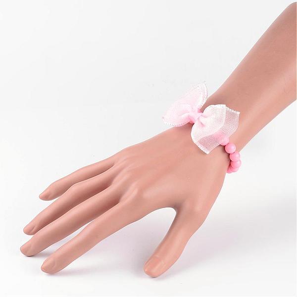 

PandaHall Opaque Acrylic Beads Stretch Kids Bracelets, with Handmade Woven Bowknot, Flamingo, 45mm Acrylic Pink
