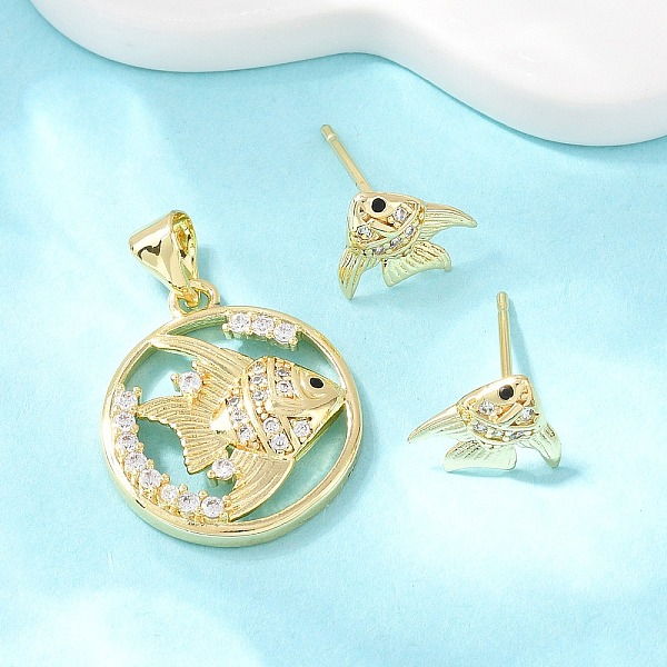 Set di orecchini pendenti e a bottone con micro pavé di zirconi cubici in ottone per donna