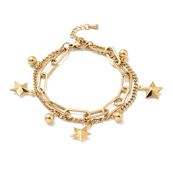 

PandaHall Star and Round Ball Charm Multi-strand Bracelet, Vacuum Plating 304 Stainless Steel Double Layered Chains Bracelet for Women...