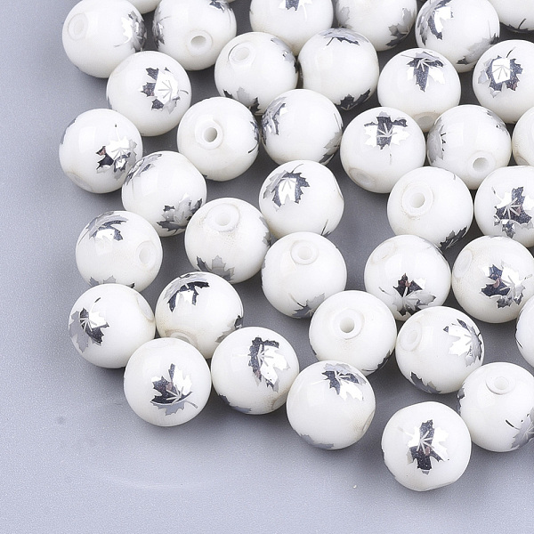 

PandaHall Autumn Theme Electroplate Glass Beads, Round with Maple Leaf Pattern, Silver, 8~8.5mm, Hole: 1.5mm Glass Leaf Silver