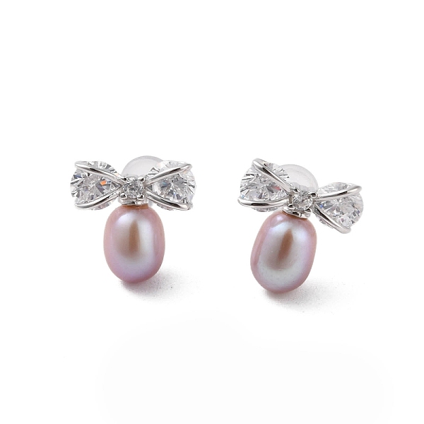 

PandaHall 925 Sterling Silver Studs Earring, with Cubic Zirconia and Natural Pearl, Bowknot, Platinum, 12.5x12mm Pearl Bowknot